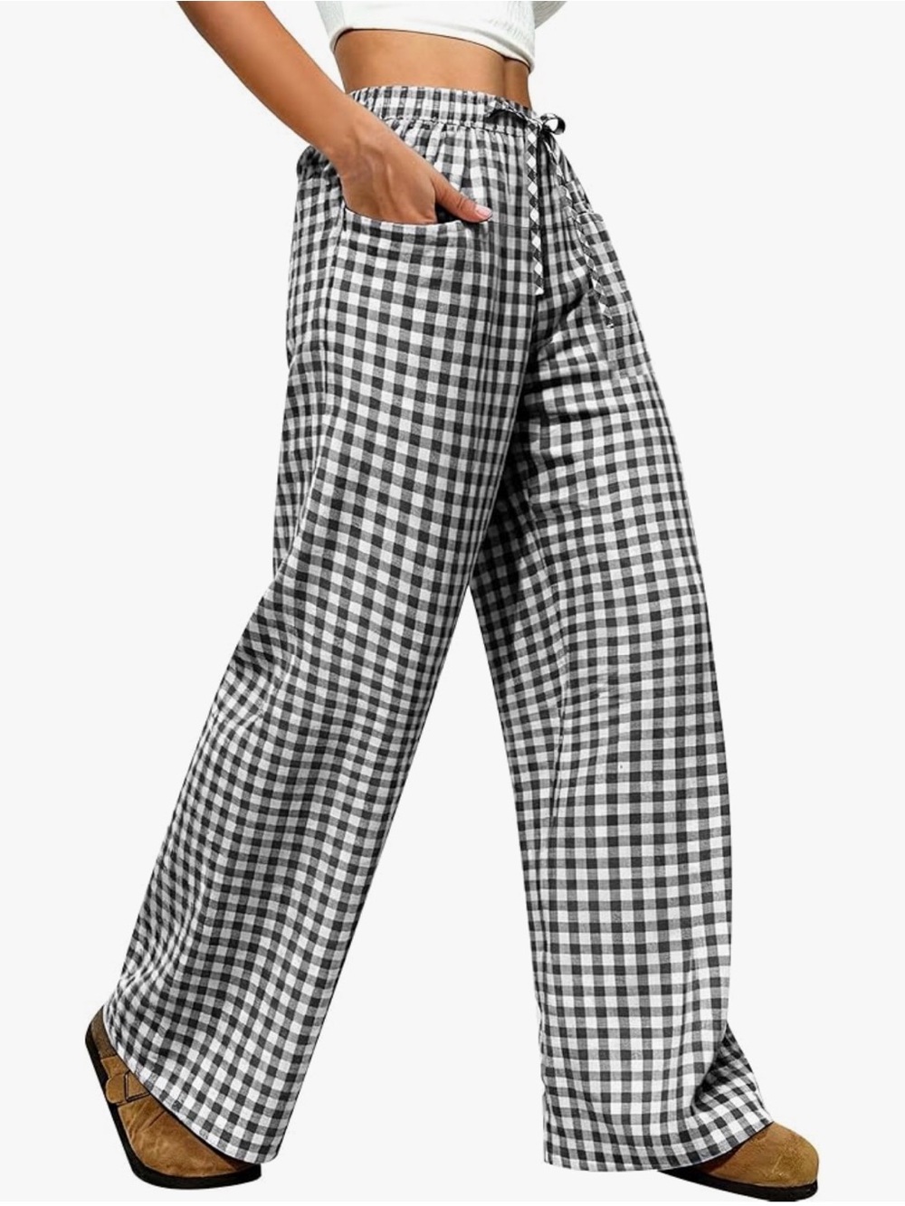 High-Rise Black & White Gingham Wide-Leg Lounge Pants - Picture 2 of 3